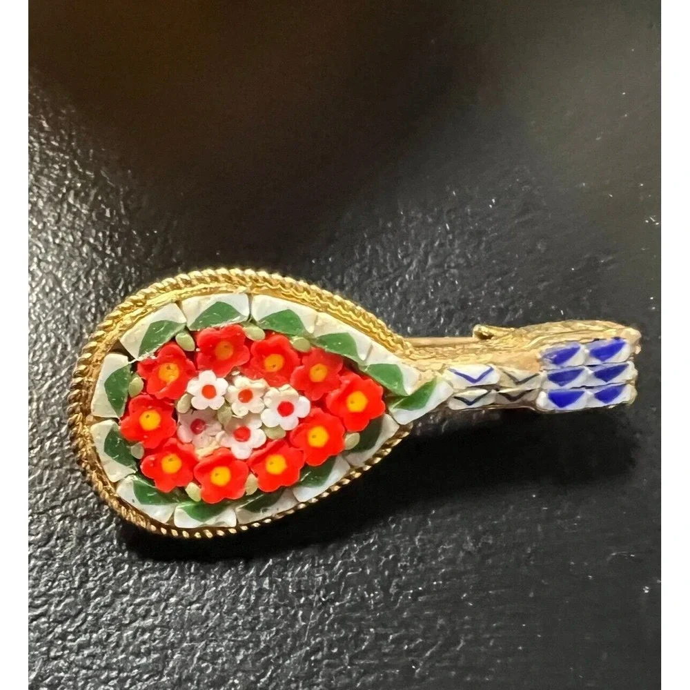 Vintage Micro Mosaic Lute Brooch Orange White Flowers Gold‎ Tone Pin